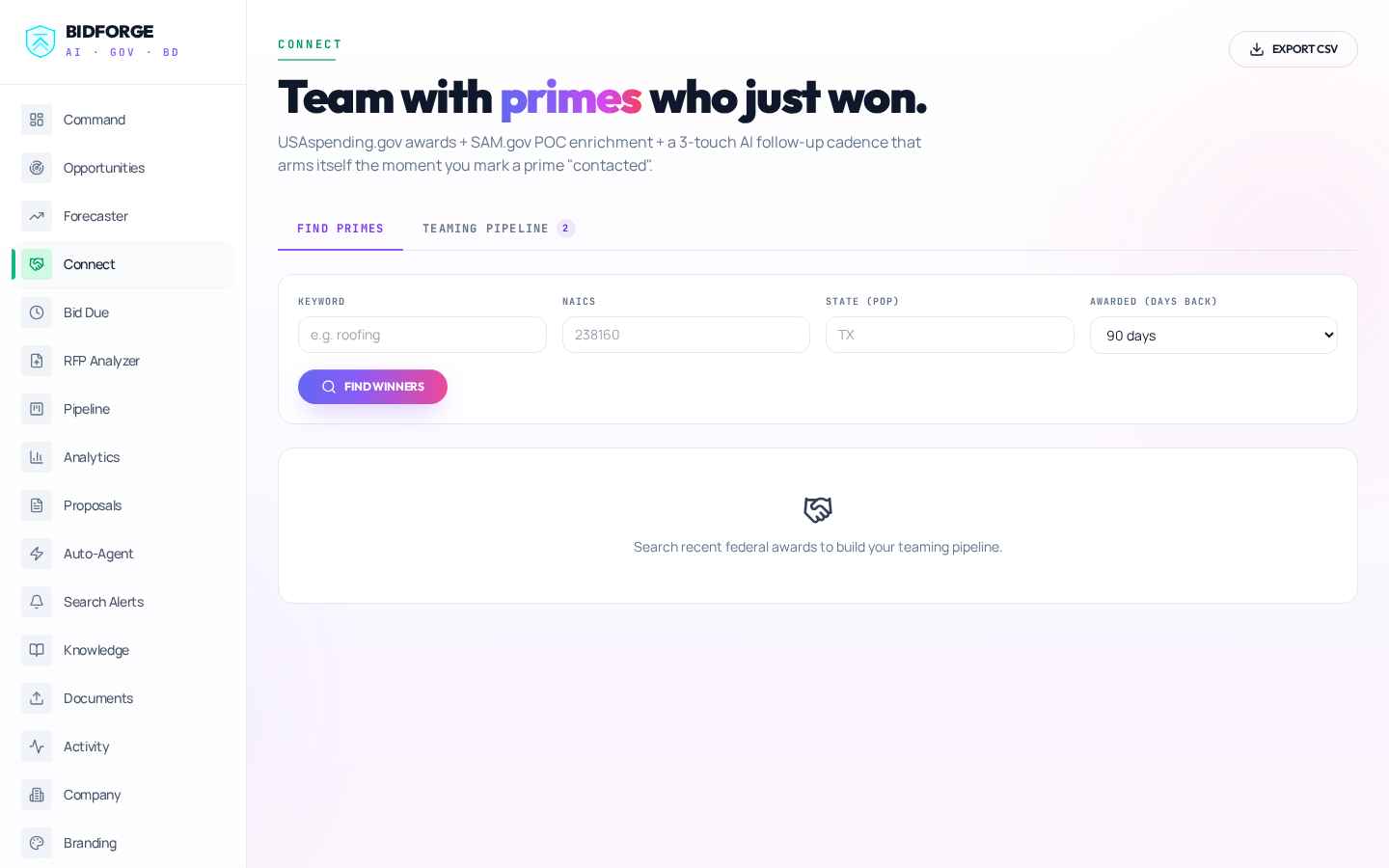 BidForge Connect — recent federal award winners from USAspending.gov with SAM.gov POC enrichment and a 3-touch AI teaming cadence