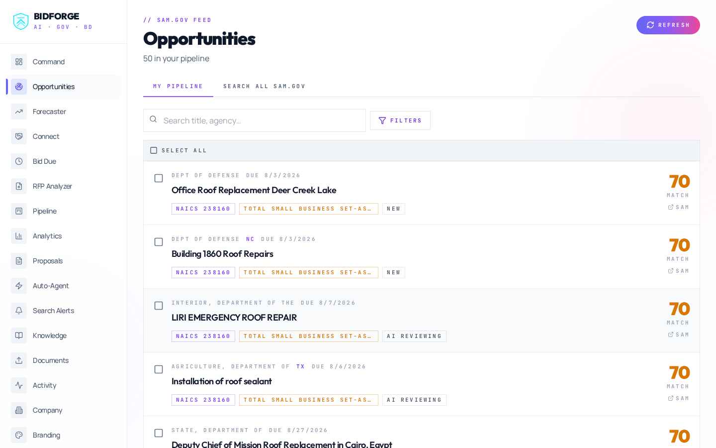 BidForge Opportunities — live SAM.gov feed with match score, agency, NAICS, and set-aside filters